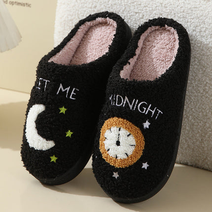 Cosy Moon & Clock Print Slippers - Plush Memory Foam House Shoes for Women | Anti-Slip Winter Warmth