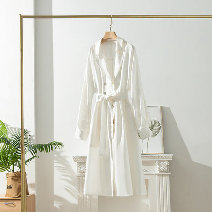 Women's Over-the-Knee Mid-Length Trench Coat with Silk Waist Belt - Elegant Winter Coat