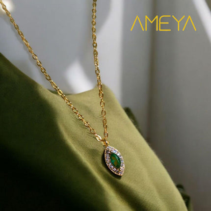 Ameya 14k Gold-Plated Sterling Silver Necklace with Emerald Pendant & Crystal Accents – Elegant Marquise Design, Delicate Luxury Jewelry