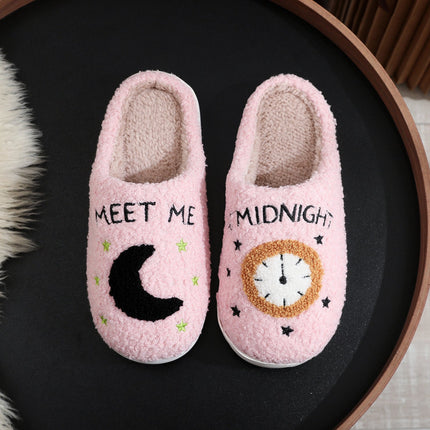 Cosy Moon & Clock Print Slippers - Plush Memory Foam House Shoes for Women | Anti-Slip Winter Warmth