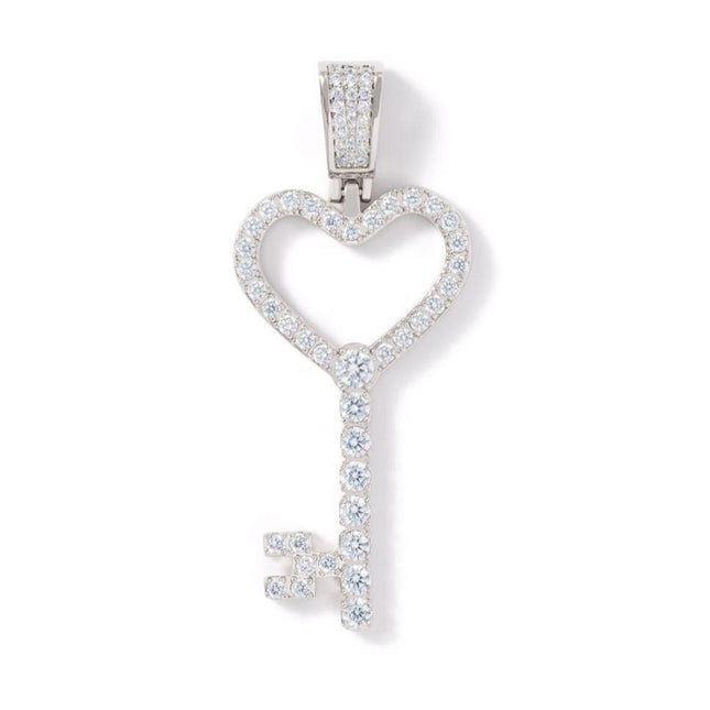 Iced Heart Key Pendant - White Gold