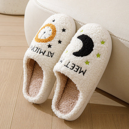 Cosy Moon & Clock Print Slippers - Plush Memory Foam House Shoes for Women | Anti-Slip Winter Warmth