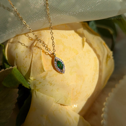 Ameya 14k Gold-Plated Sterling Silver Necklace with Emerald Pendant & Crystal Accents – Elegant Marquise Design, Delicate Luxury Jewelry