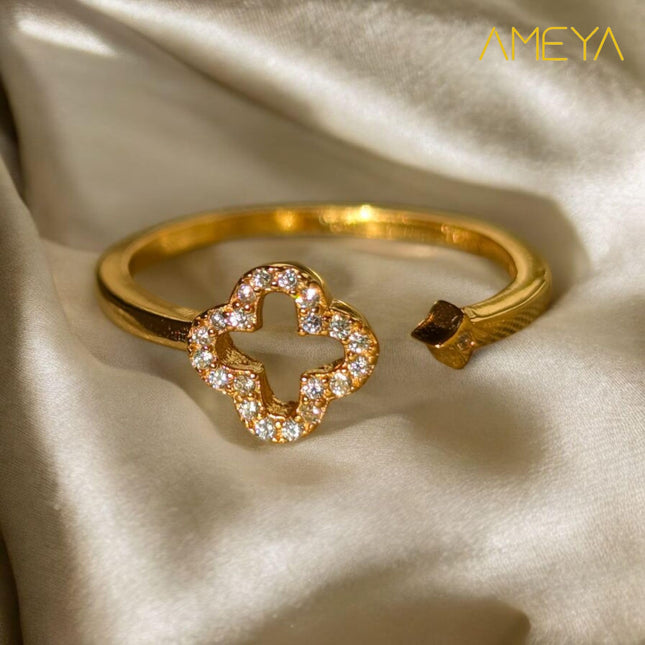 Ameya 18K Gold Plated Four-Leaf Clover Ring, Adjustable, Cubic Zirconia Crystal, Sterling Silver