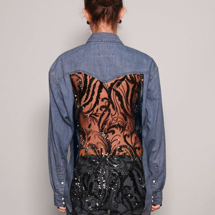 Party Back Shirt - Black Sequin - Blue Denim