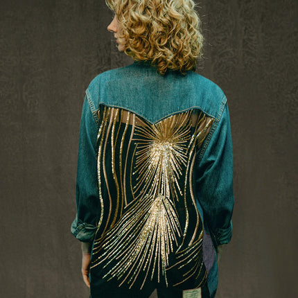 Party Back Shirt - Gold Sequin - Blue Denim