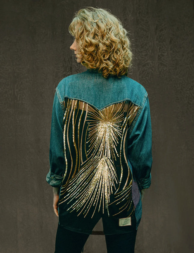 Party Back Shirt - Gold Sequin - Blue Denim