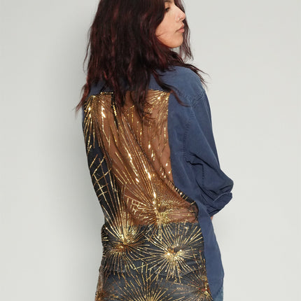Party Back Shirt - Gold Sequin - Blue Cotton