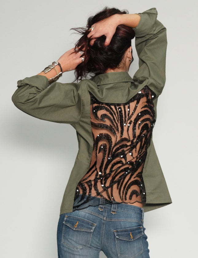 Party Back Shirt - Black Sequin - Khaki