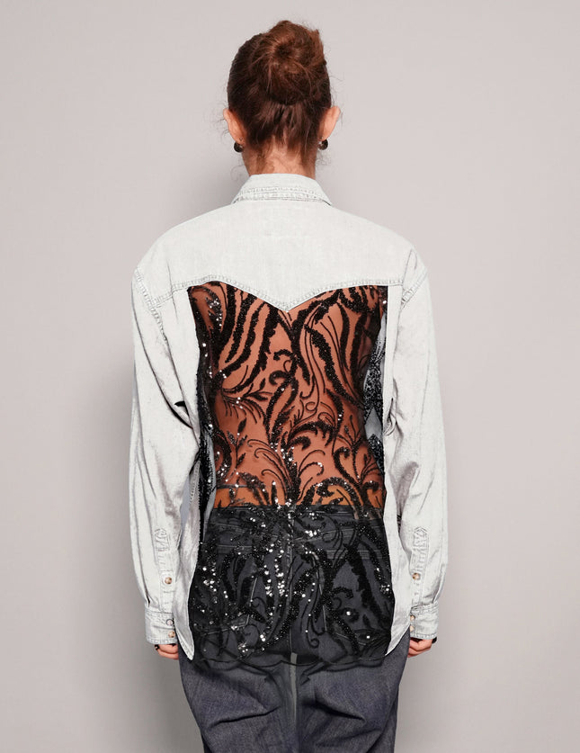 Party Back Shirt - Black Sequin - White Denim