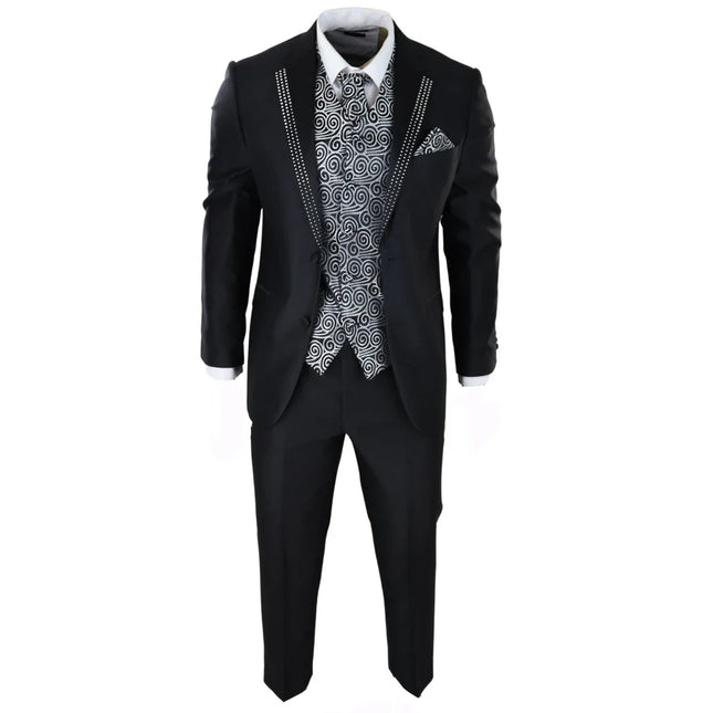 Men's Wedding 3 Piece Black Suit Silver Cravat Waistcoat Groom Bestman