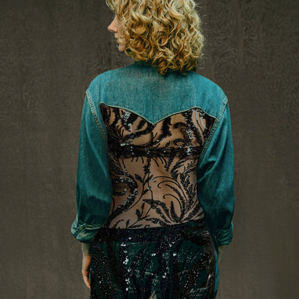 Party Back Shirt - Black Sequin - Blue Denim