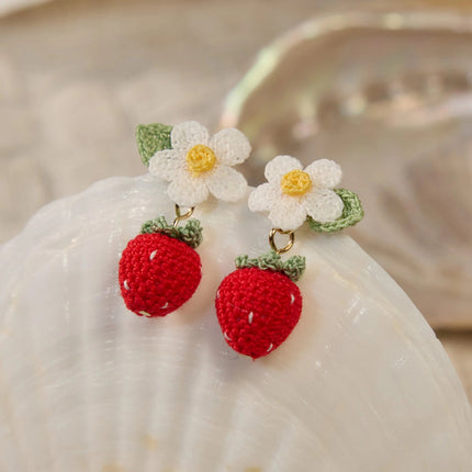 Sweet Strawberry Bloom Micro Crochet Earrings