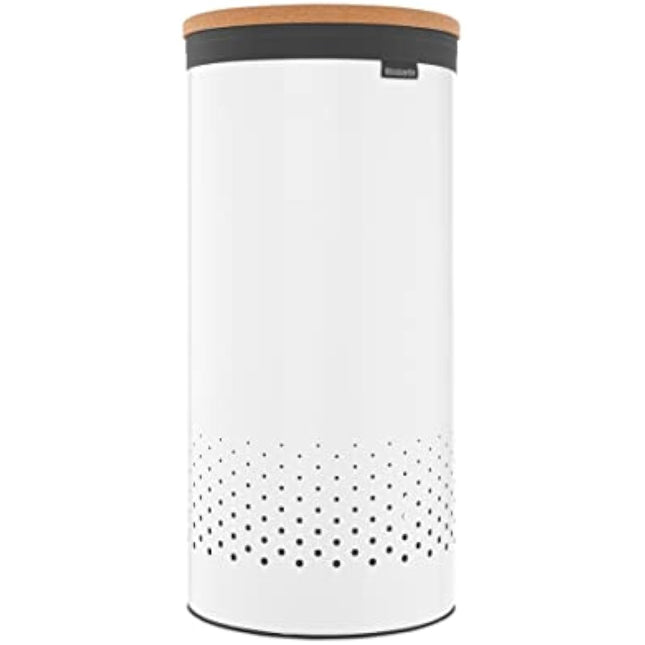Brabantia - Laundry Bin - Cork Lid - Portable Laundry Bag Inside - Quick-drop Opening - Basket with Ventilation Holes - Non-Scratching Bottom - Corrosion Resistant - White - 35L