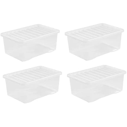 4 x 45L Plastic Storage Boxes Crystal Clear Box & Lid Suitable for all around the Home Office and Workplace Stackable Nestable Large Strong Boxes – 60 x 40 x 25 cm