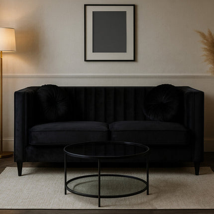 2 Seater Black Velvet Sofa, Farah