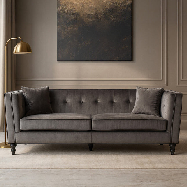 3 Seater Grey Velvet Sofa, Ferris
