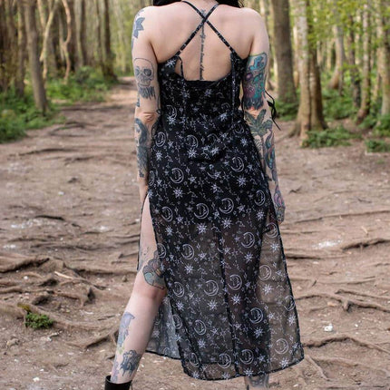 Alternative Moonprint Maxi Dress With Straps And Leg Split