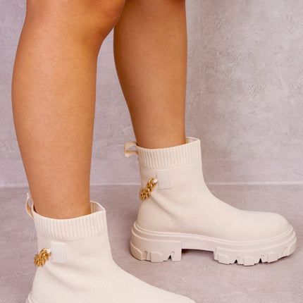 AYZEL CHUNKY BOOT WITH KNITTED SOCK & DRIP CHAIN IN NUDE
