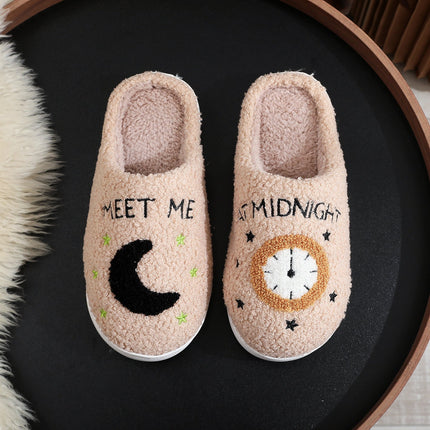 Cosy Moon & Clock Print Slippers - Plush Memory Foam House Shoes for Women | Anti-Slip Winter Warmth