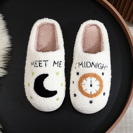 Cosy Moon & Clock Print Slippers - Plush Memory Foam House Shoes for Women | Anti-Slip Winter Warmth