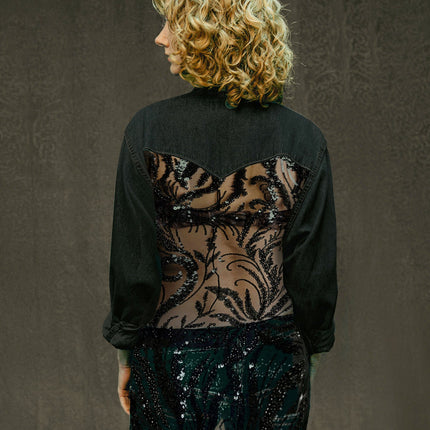 Party Back Shirt - Black Sequin - Black Denim