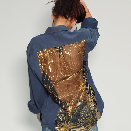Party Back Shirt - Gold Sequin - Blue Cotton