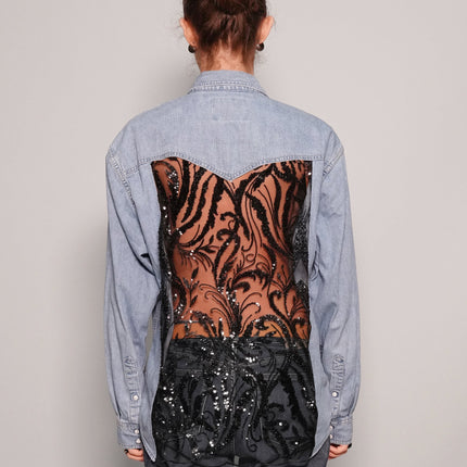 Party Back Shirt - Black Sequin - Light Blue Denim