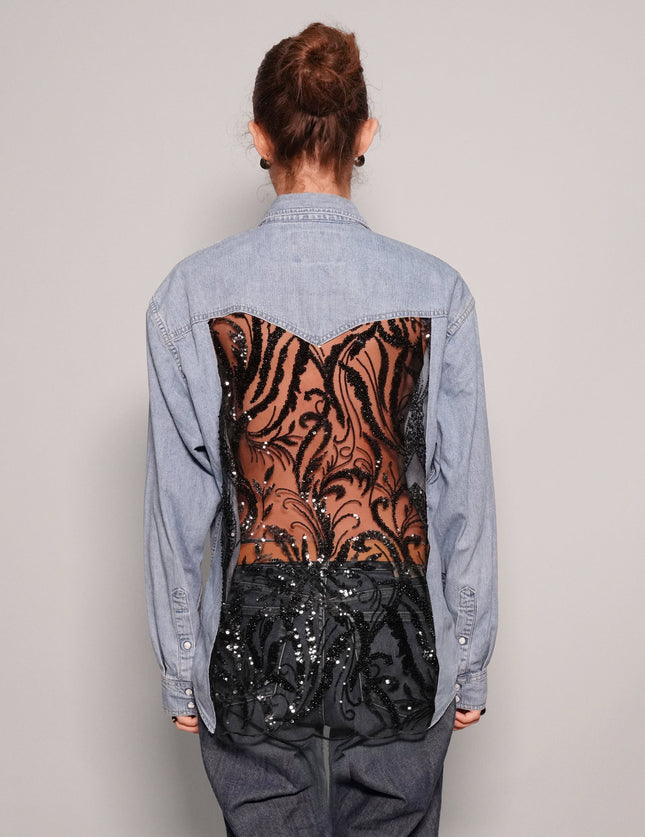 Party Back Shirt - Black Sequin - Light Blue Denim
