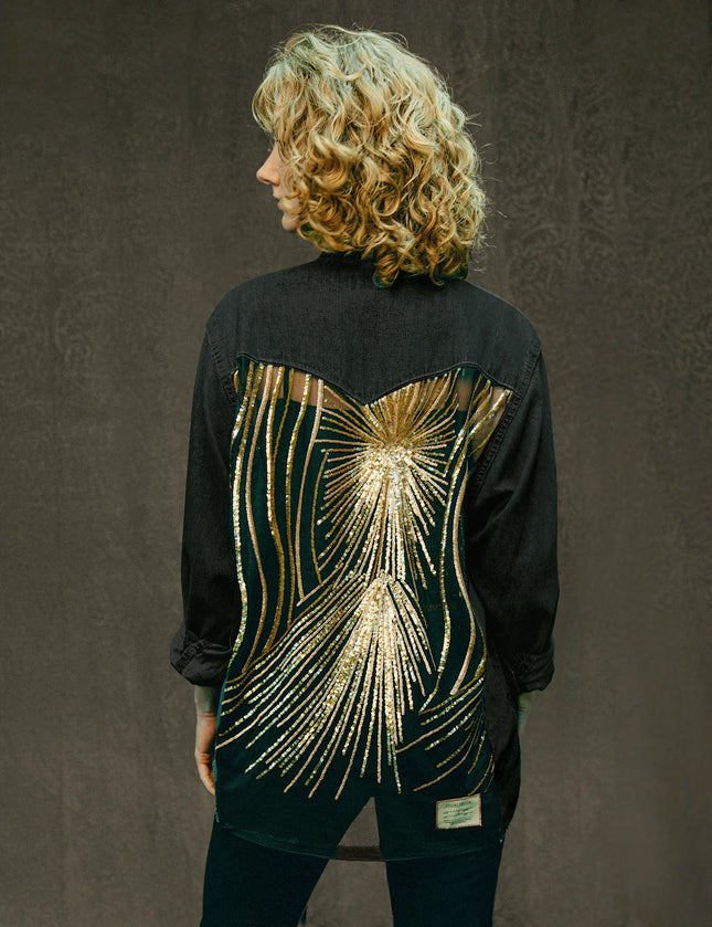 Party Back Shirt - Gold Sequin - Black Denim