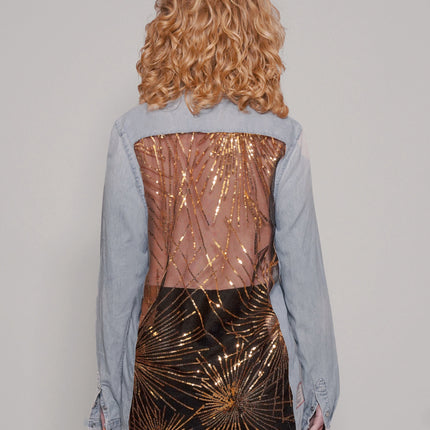 Party Back Shirt - Gold Sequin - Light Blue Denim