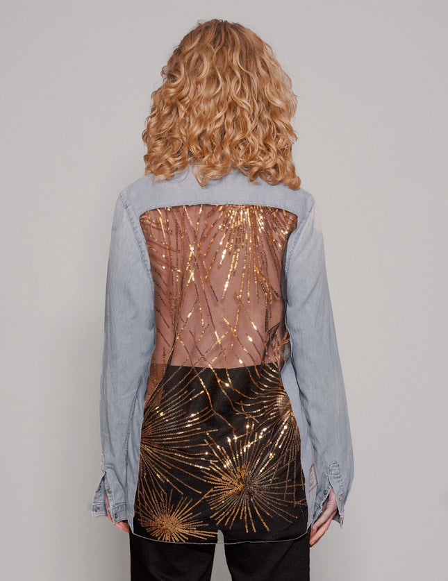 Party Back Shirt - Gold Sequin - Light Blue Denim
