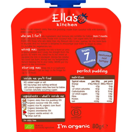 Ella's Kitchen Organic Dairy Free Rice Pudding with Bananas & Strawberries Baby Pouch 7+ months 80g