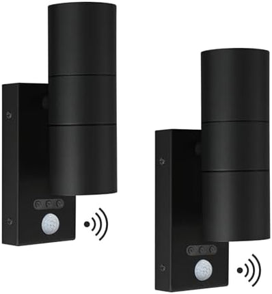 Kerry Outside Wall Lights with Sensor, IP65 Waterproof Up Down Outdoor Lighting, External Pir Wall Mount Security Light, Black Stainless Steel Exterior Light Mains Powered - 2 Pack (Bulb Excl.)
