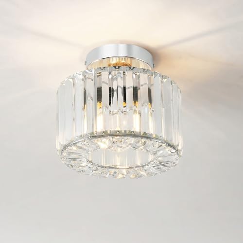 ANWIO Modern Crystal Ceiling Light, Chandeliers Ceiling,Semi Flush Light Fittings Ceilings,Hallway Ceiling Light for Bedroom Kitchen Bathroom,Silver Ceiling Light Shade(E27 Base,LAMP DIAM 21.5CM)