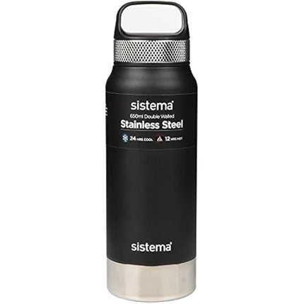 Sistema Hydrate Stainless Steel Water Bottle | 650 ml | BPA-Free | Double Wall Vacuum Insulated Metal Water Bottle | Keeps Liquid Hot (12 Hours) & Cool (24 Hours) | Assorted Colours
