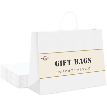 Switory Large Paper Bags for Gifts, White Kraft Gift Bag 16x6x12 Inch, 25 Pcs Party Bags with Handles for Party Favor, Thanksgiving,Birthday,Christian, Christmas.