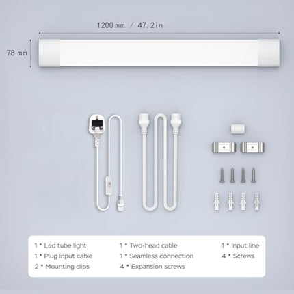 Amdelne 6000k Led Batten Light, 4FT 120CM, 36W Plug in Wall Light Shed Loft Light, IP65 Plug in Ceiling Light Strip for Garage Lighting, Office, Bedroom, Kitchen, Shed,Outdoor,Tube Light