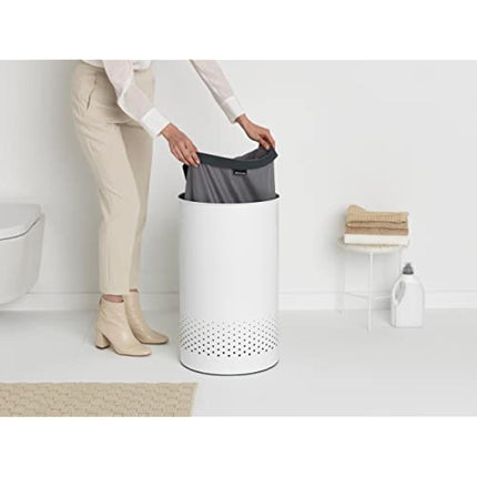 Brabantia - Laundry Bin - Handsfree Plastic Lid - Portable Laundry Bag Inside - Quick-drop Opening - Basket with Ventilation Holes - Non-Scratching Bottom - Corrosion Resistant - White - 60L