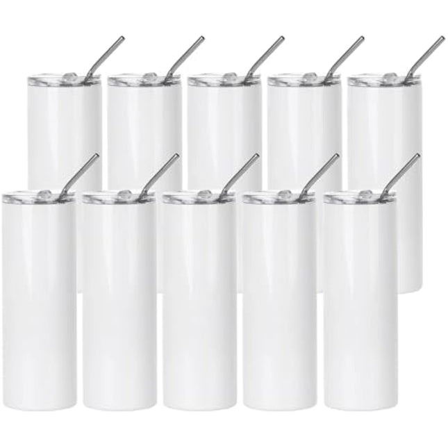 PYD Life 10 Pack Sublimation Tumblers Bulk Blank 20 OZ Skinny White Stainless Steel Tumbler Cups with Straw and Lid for Mug Tumbler Heat Press Sublimation Oven Printing