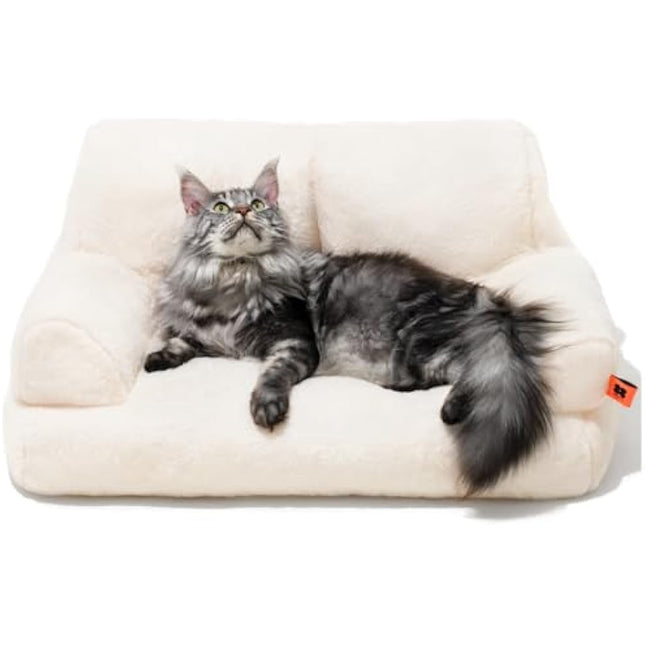 MEWOOFUN Stylish Cat Bed for Indoor Cars Large - Fluffy and Soft Cat Sofa Bed Small Dog Sofa Bed for Dogs and Cats - 66x48cm Cute Cat Bed Couch with Non-slip Bottom, White
