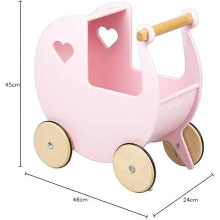 Moover Classic Doll's Pram for Toddlers, Fully Assembled, Designed in Denmark from Russian Birch Plywood, Push Along Toy, 18 Months+, 44 x 43 x 24 cm, Baby Pink and Natural Wood