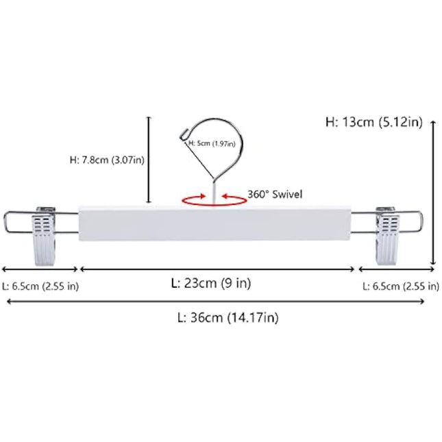 Amber Home 36cm White Wooden Pants Hangers 20pcs, Smooth Wood Skirt Hanger Organizer with Adjustable Anti-Slip Chrome Clips, Space Saving Solid Clothes Hangers Rack for Bottoms Jeans Slacks Trousers