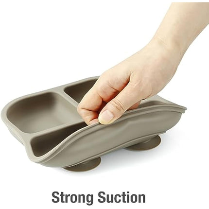 PandaEar 3 Pack Baby Suction Plates for Weaning with Spoons, Silicone Toddler Plates for Childrens Kids, Unbreakable Divided Baby Plate with Suction, Non-Slip, Non-Toxic, BPA Free (Blue Red Brown)