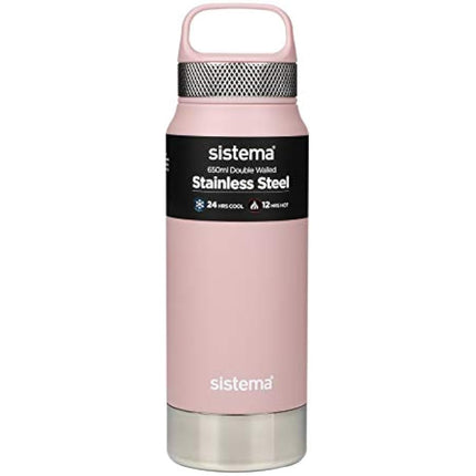 Sistema Hydrate Stainless Steel Water Bottle | 650 ml | BPA-Free | Double Wall Vacuum Insulated Metal Water Bottle | Keeps Liquid Hot (12 Hours) & Cool (24 Hours) | Assorted Colours