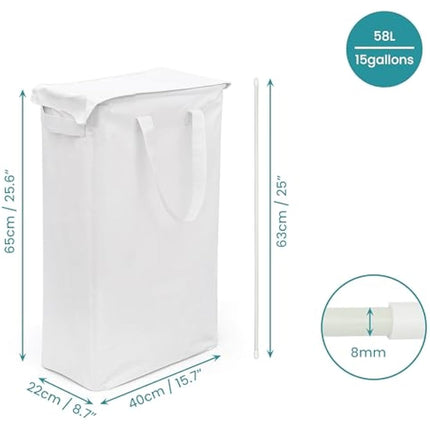 Belle Vous Collapsible Tall Laundry Basket with Lid - Large 58L Foldable Clothes Hamper with Handles - Washing/Laundry/Toys Storage Bin for Bathroom, Bedroom, Dorm or Laundry Room - White