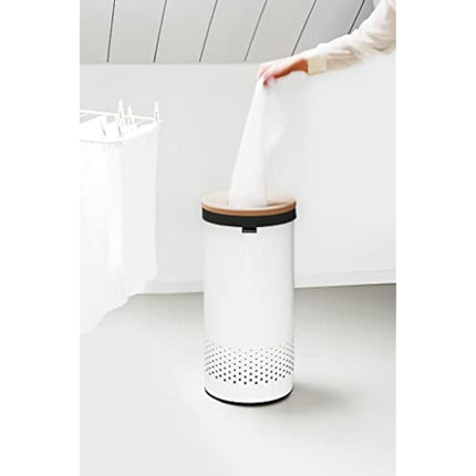 Brabantia - Laundry Bin - Cork Lid - Portable Laundry Bag Inside - Quick-drop Opening - Basket with Ventilation Holes - Non-Scratching Bottom - Corrosion Resistant - White - 35L