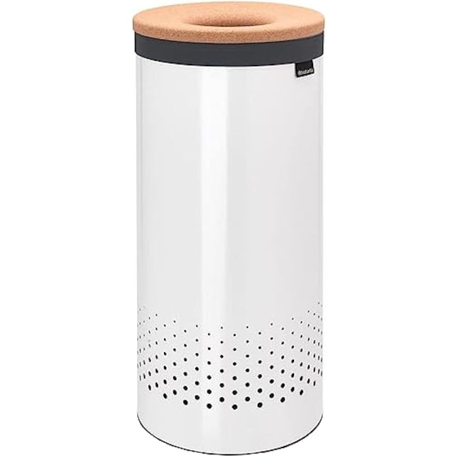 Brabantia - Laundry Bin - Cork Lid - Portable Laundry Bag Inside - Quick-drop Opening - Basket with Ventilation Holes - Non-Scratching Bottom - Corrosion Resistant - White - 35L