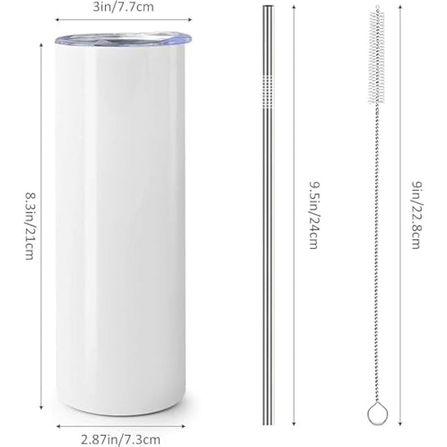 MSYU 10 Pack Sublimation Tumblers Bulk, 20 OZ Stainless Steel Double Wall Skinny Straight Tumblers Blank, Subbing Tumblers Cups with Sublimation Paper, Straw and Individually Box