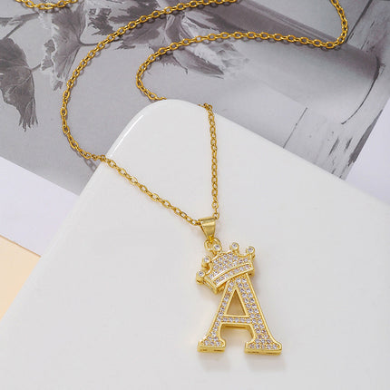 1PCS Fashionable Gold Diamond Crown Uppercase Letter Popular Pendant Necklace Suitable For Daily Use Festivals Parties Gifts Jewelry Set